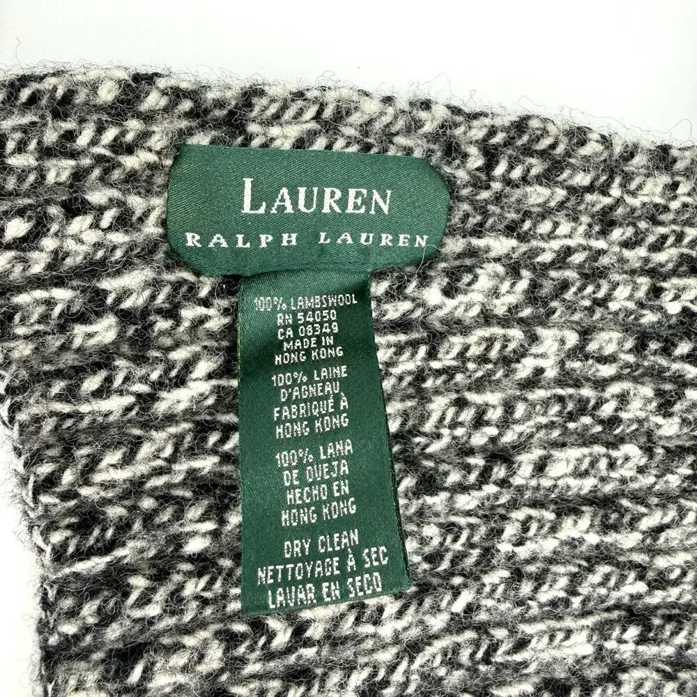 Lauren Ralph Lauren 100% Lambswool Knit Scarf Black Gray Ivory 60” Classic VTG
